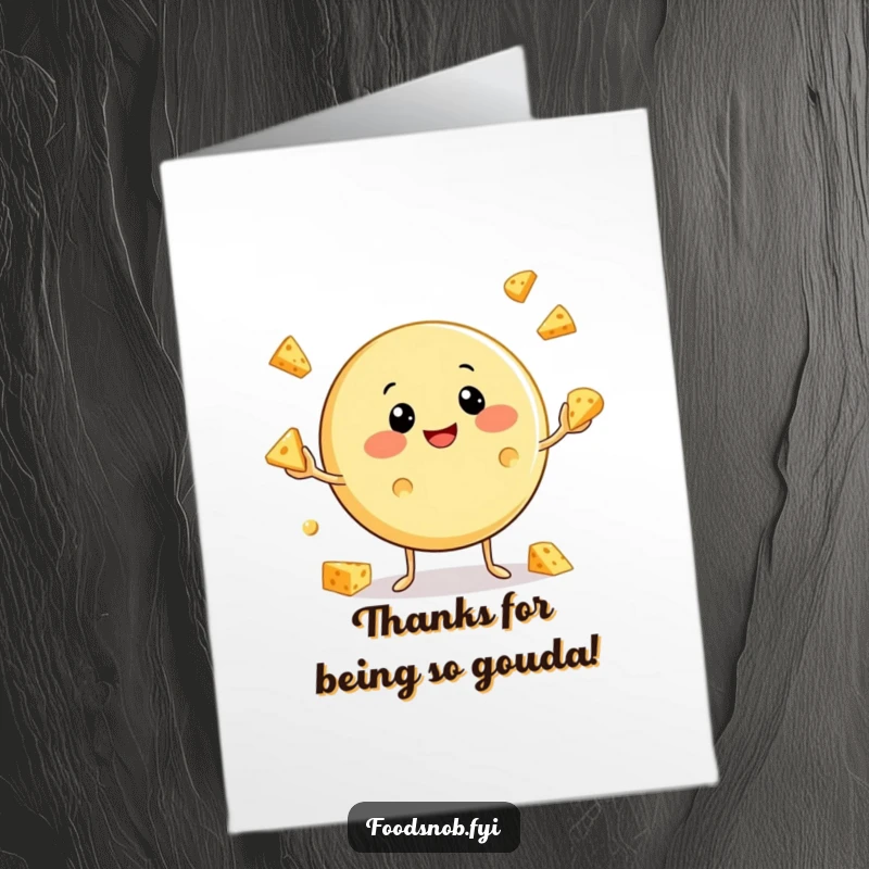 Free Printable Thank You Card: Smiling cheese character juggling small cheese wedges, conveying thanks humorously.