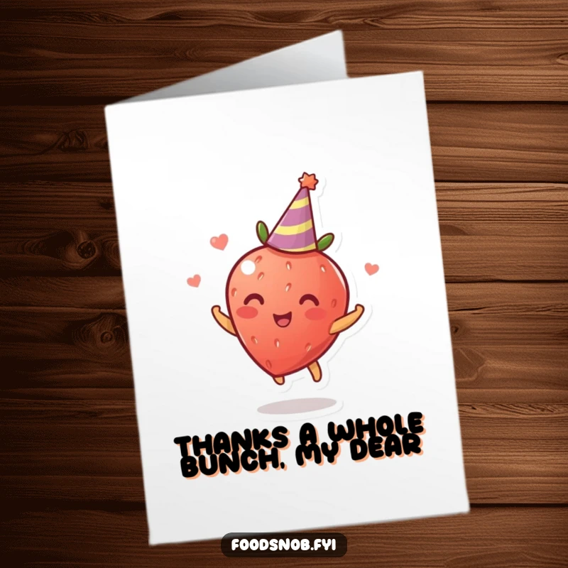 Funny Free Printable Thank You Card: A delighted strawberry wearing a party hat spins happily, sending thanks with flair.