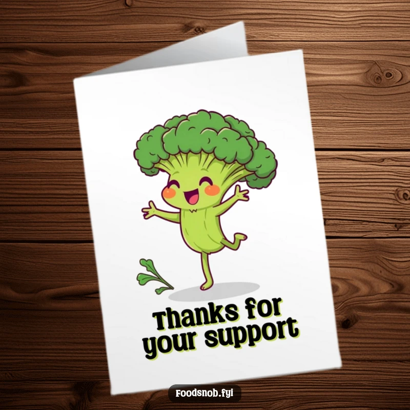 Funny Free Printable Thank You Card: Broccoli character doing a cartwheel, showing effort, a fun downloadable gift.