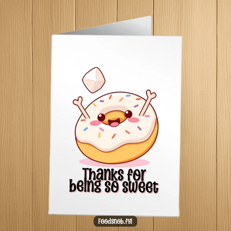 Funny Free Printable Thank You Card: A jubilant donut with bright sprinkles tossing a tiny sugar cube, conveying thanks joyfully.