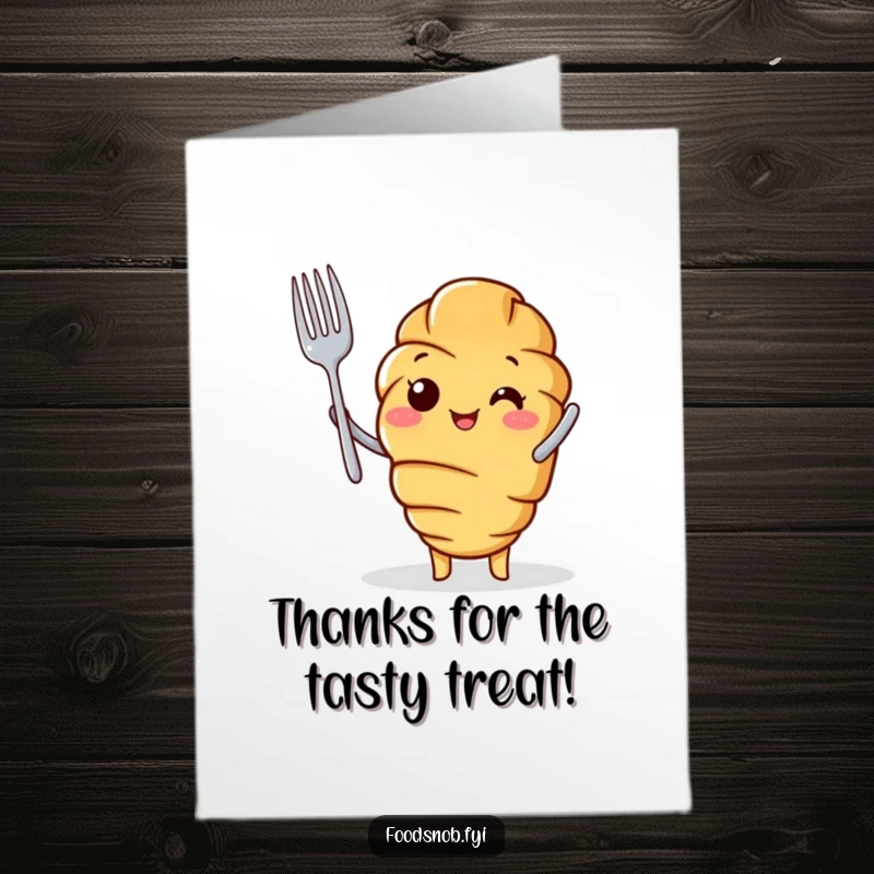 Funny Free Printable Thank You Card: A cheerful croissant character proudly holding a tiny fork, conveying thanks with a sophisticated air.