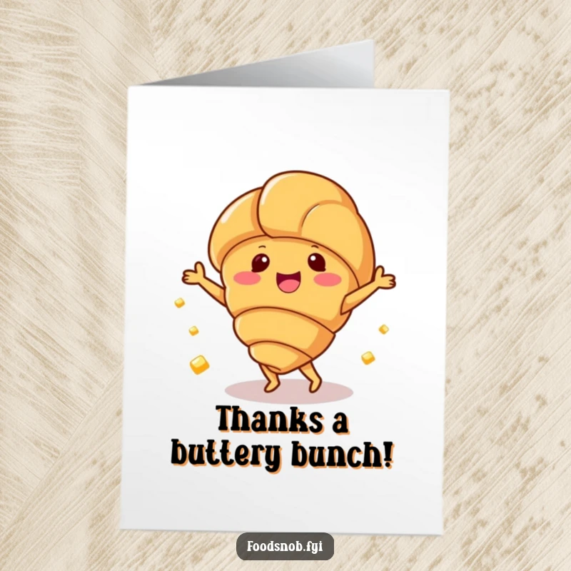 Funny Free Printable Thank You Card: Happy croissant character dancing with butter pats, showing thanks.