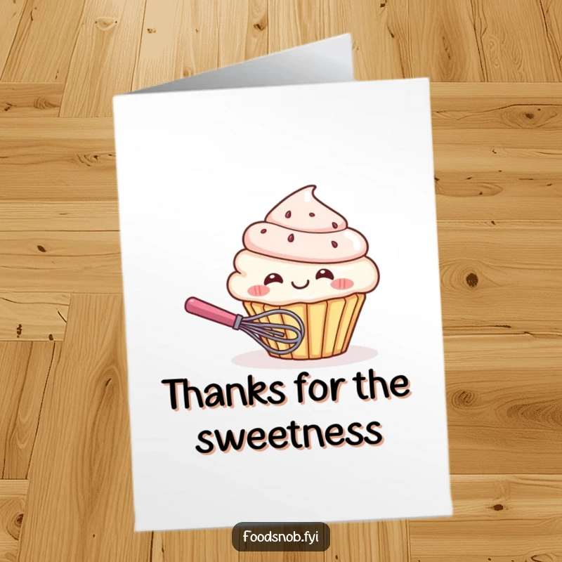 Funny Free Printable Thank You Card: Cupcake character giggling while hiding behind a whisk, a sweet downloadable gift.