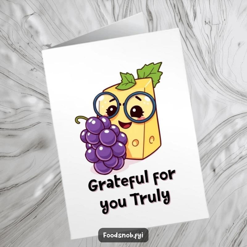 Funny Free Printable Thank You Card: Sophisticated cheese wedge with monocle offers a grape in a gesture of thanks.