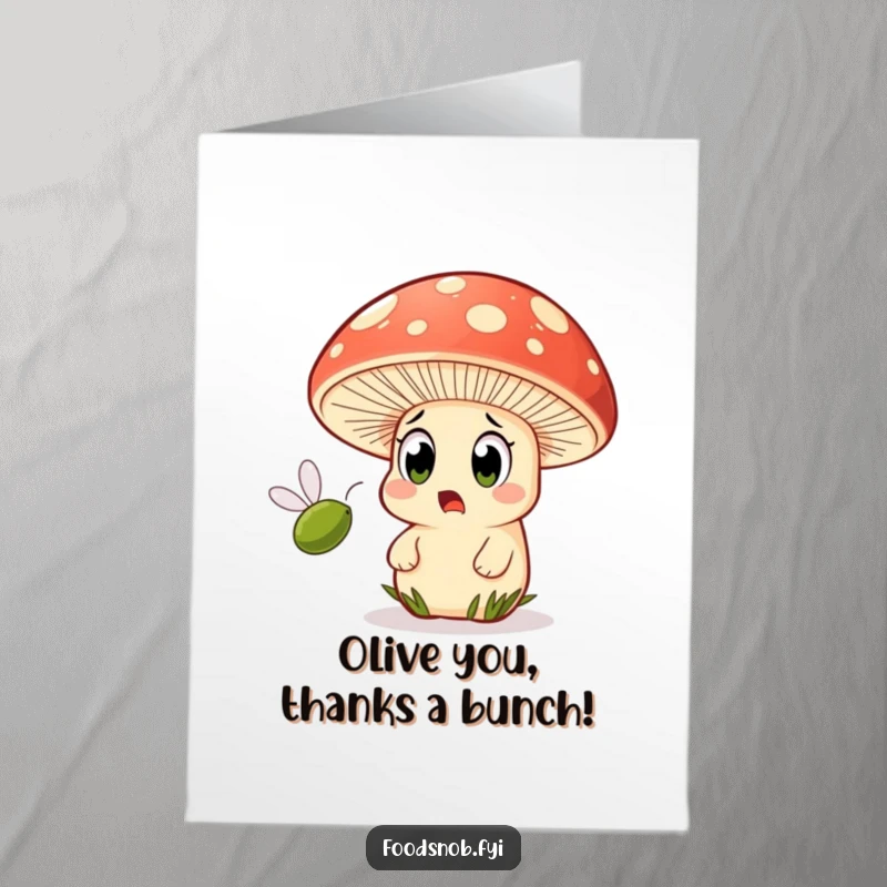 Funny Free Printable Thank You Card: Surprised mushroom with bulging eyes witnessing a small olive fly past, a peculiar thank you.