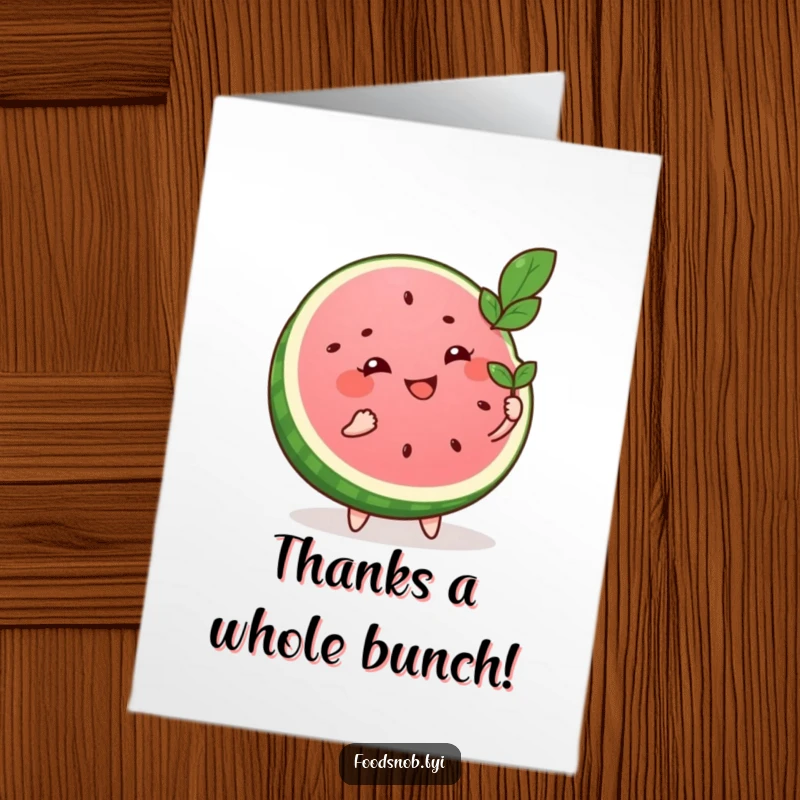 Funny Free Printable Thank You Card: Happy watermelon slice fanning itself with a leaf, showing cool thanks and appreciation.