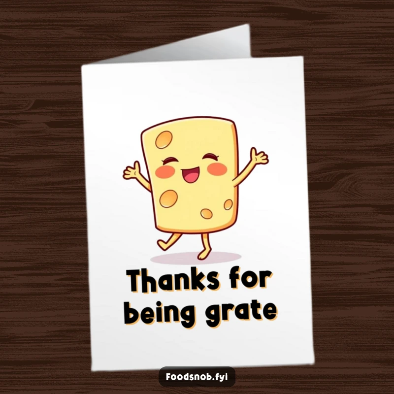 Funny Free Printable Thank You Card: A smiling cheese slice doing a cheerful jig, conveying cheesy thanks and appreciation.