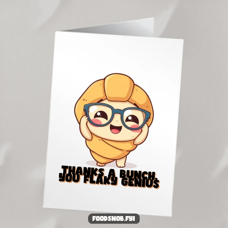 Funny Free Printable Thank You Card: A giggling croissant fumbles with tiny spectacles, expressing thanks with humor.