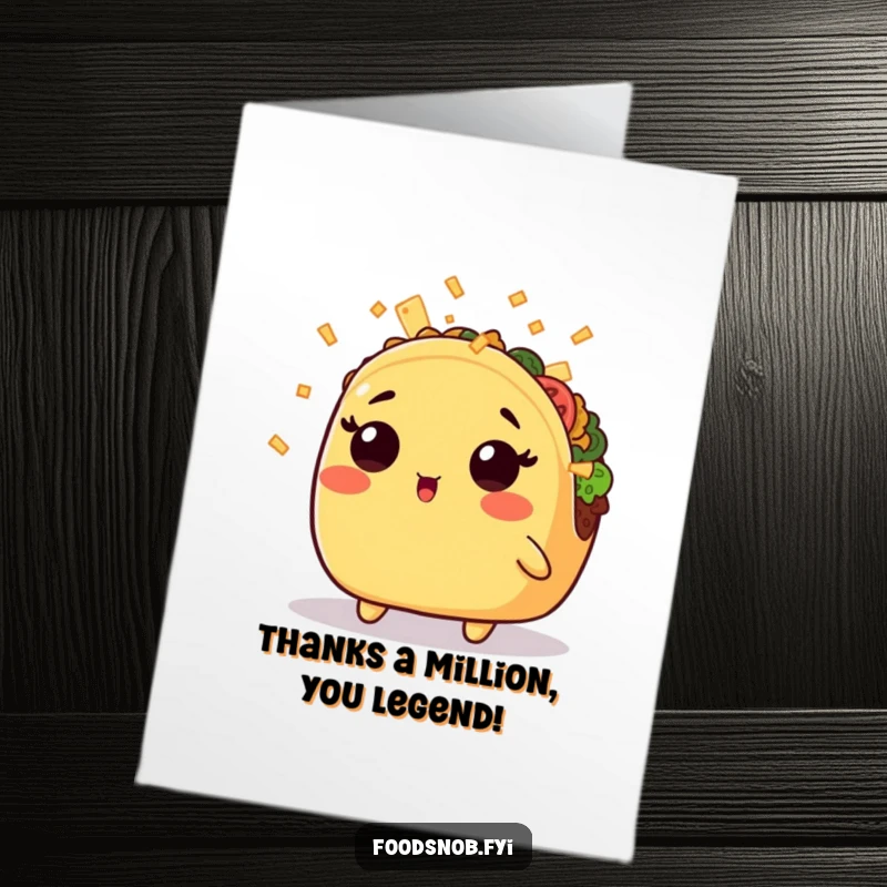 Funny Free Printable Thank You Card: A shocked kawaii taco showered in cheese, a delightful way to express gratitude.