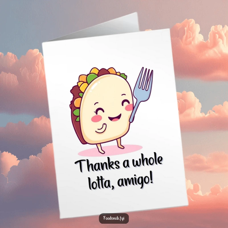 Funny Free Printable Taco Thank You Card: A smiling taco with legs inspects a tiny fork critically.
