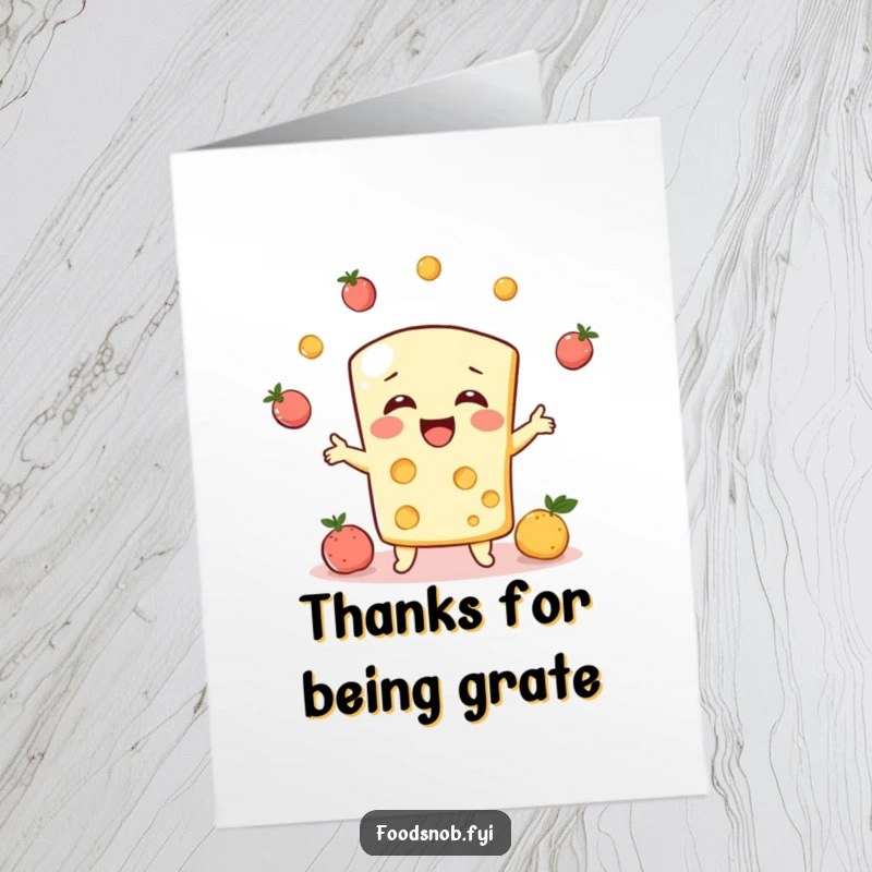 Funny free printable thank you card of a bubbly cheese character giggling while juggling tiny fruits, a quirky humorous DIY gift.