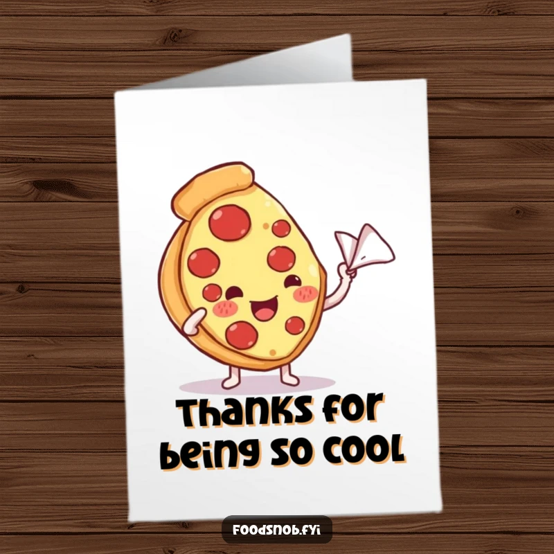 Funny Free Printable Thank You Card: Pizza slice character being fanned, looking content, a delightful downloadable gift.