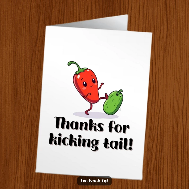 Funny Free Printable Thank You Card: A red chili pepper with legs kicks a small cucumber, offering thanks with a surprising, humorous action. A zesty downloadable.