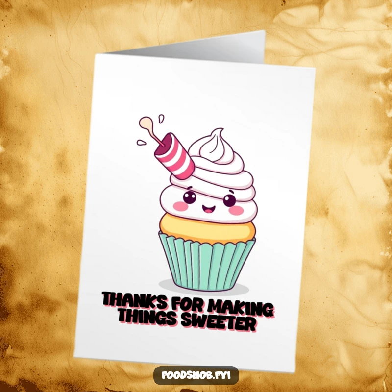 Funny Free Printable Thank You Card: A cheerful cupcake with a tiny party blower, exhaling a celebratory puff of frosting.