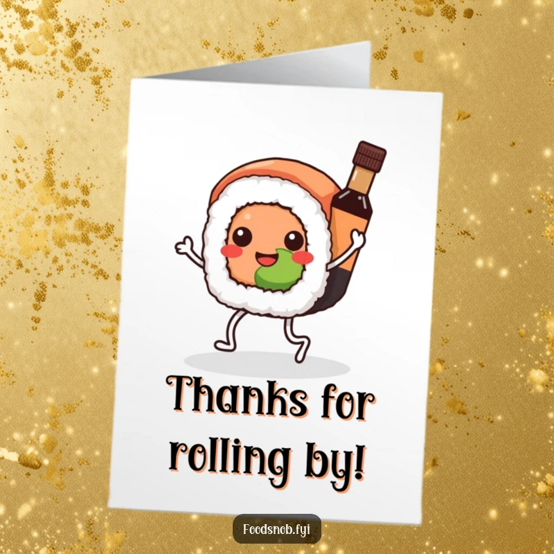 Funny Free Printable Thank You Card: A Kawaii sushi roll with legs happily dances, sharing gratitude with its soy sauce pal.