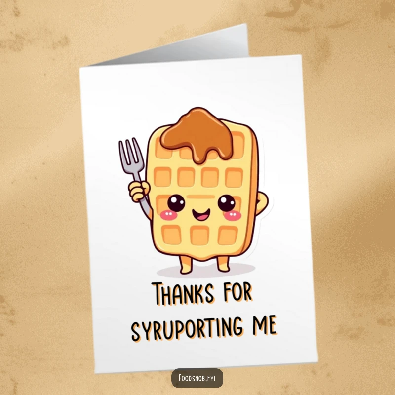 Funny Free Printable Thank You Card: A happy waffle character with a syrup smile points upwards with a tiny fork, showing thanks.