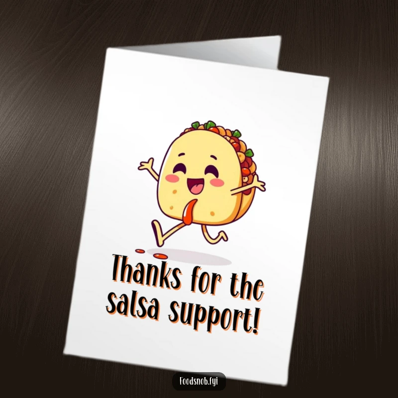 Funny Free Printable Thank You Card: Happy taco character happily skips with salsa, offering a zesty downloadable thank you.