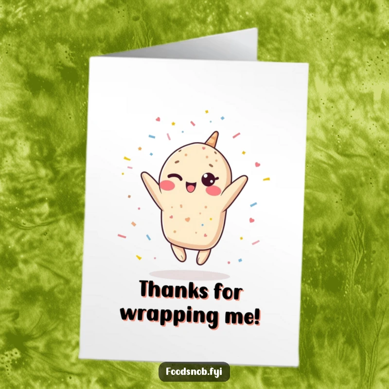 Funny Free Printable Thank You Card: A winking Kawaii burrito leaps joyfully, showering confetti with thanks.