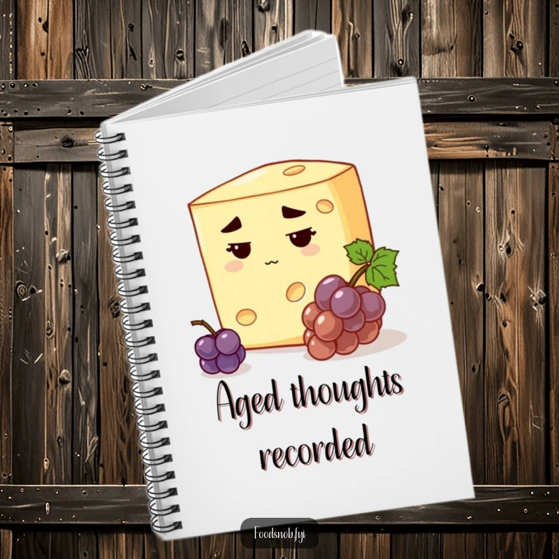 Funny stern cheese notebook with a discerning cheese, stern expression, inspecting a tiny grape, witty humorous stationery gift.