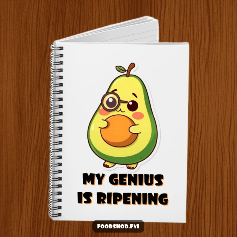 Funny notebook, a plump avocado character wearing a tiny monocle, thoughtful expression, blank pages for ideas.