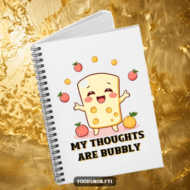 Funny notebook, a bubbly cheese character giggling while juggling tiny fruits, blank pages for notes.
