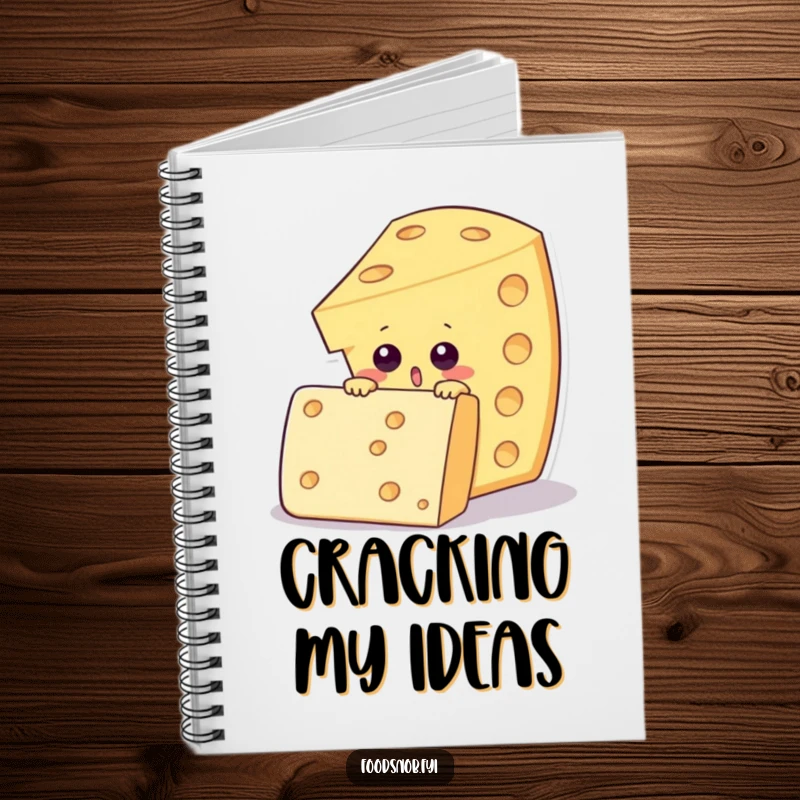 Funny notebook featuring a surprised cheese wedge character looking over a large fancy cracker, perfect for jotting down surprising ideas.