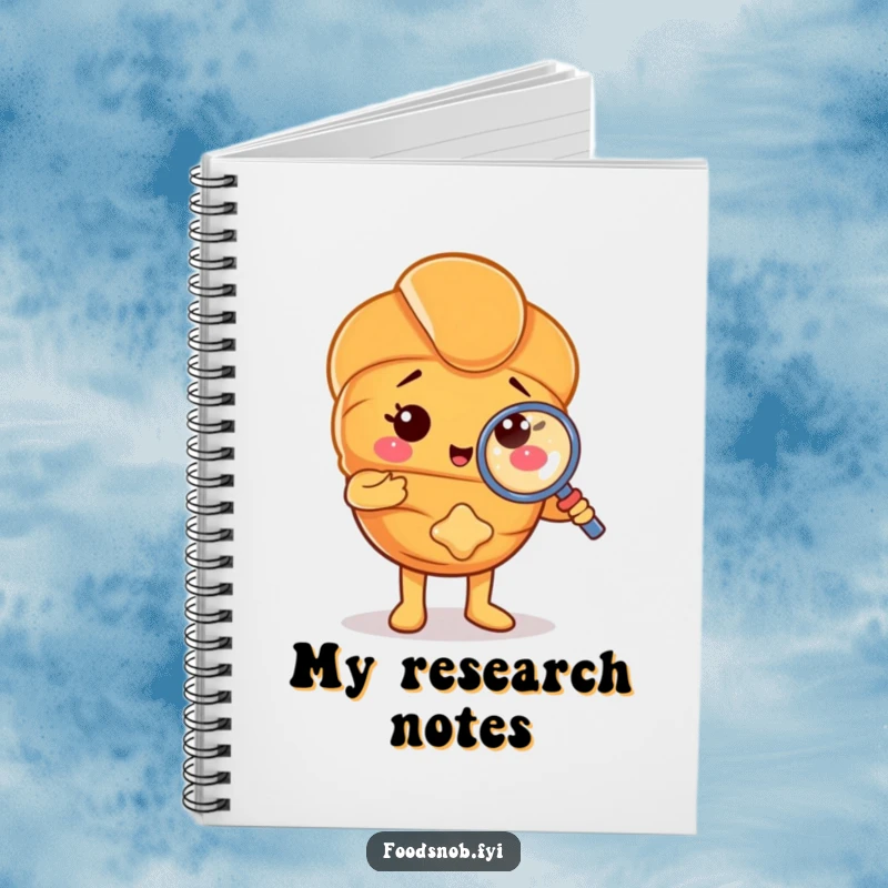 Funny notebook with a proud croissant character examining a small crumb with a magnifying glass, inspiring detailed notes. A whimsical pastry design.