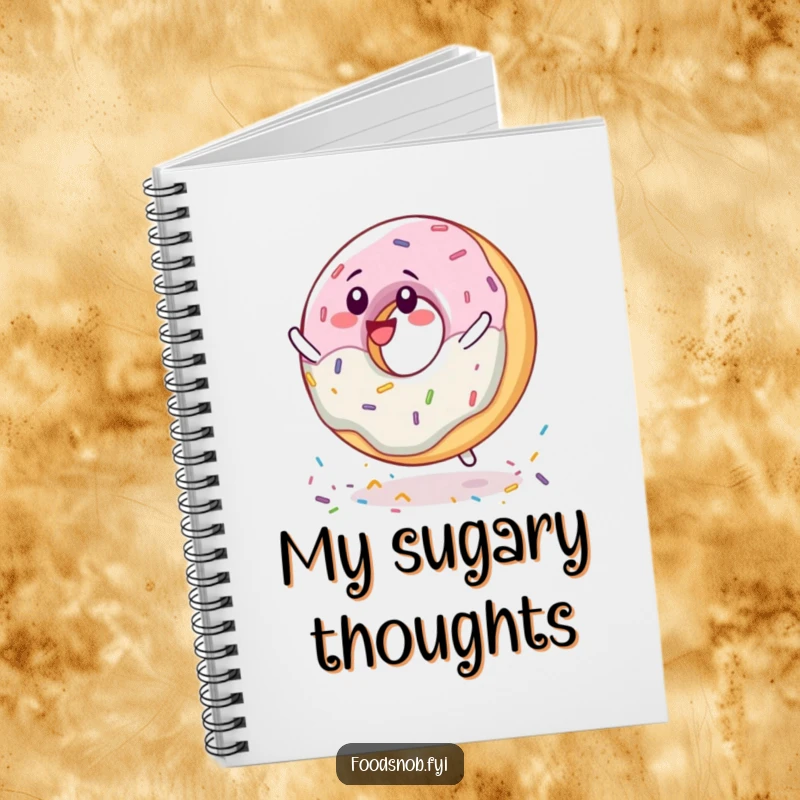 Funny delighted donut character spinning on sprinkles, depicted on the cover of a fun notebook.