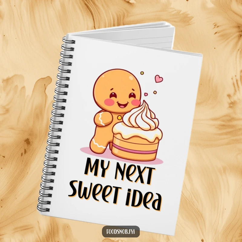 Funny notebook with a gleeful gingerbread man character sprinkling icing onto a miniature cake, inspiring sweet notes and ideas.