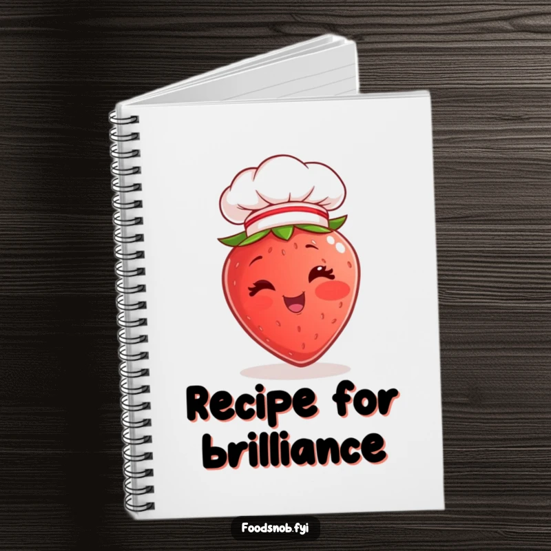 Funny Notebook with a design of a cheerful strawberry character winking and wearing a miniature chef hat, ideal for jotting down thoughts.