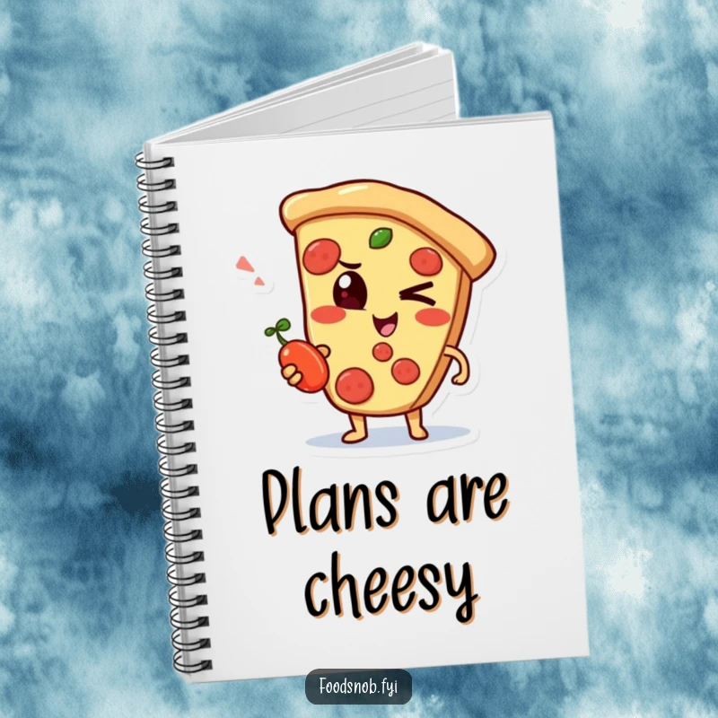 Funny notebook with a mischievous pizza slice character winking with a small pepperoncini, for writing notes.