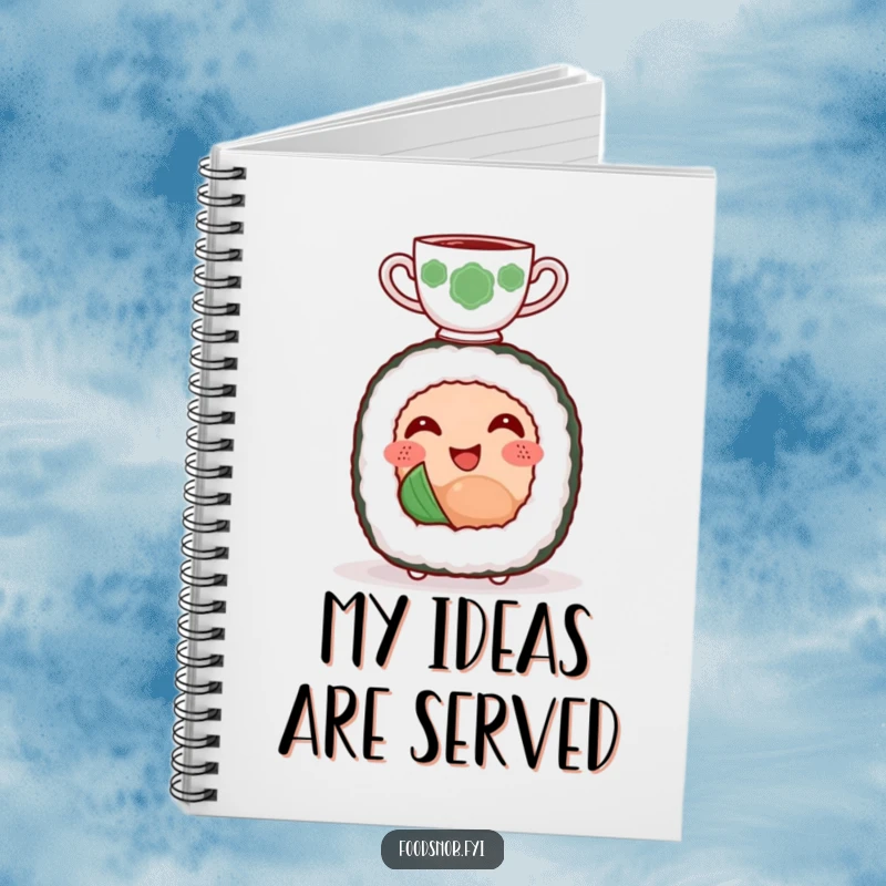 Funny notebook cover with a smiling sushi roll character happily balancing a tiny teacup on its head.