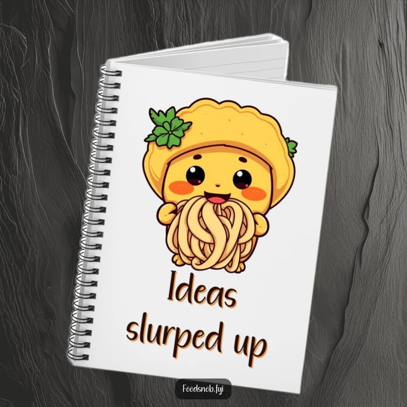 Funny taco noodle notebook with a character happily slurping a giant noodle, perfect for jotting down food ideas.