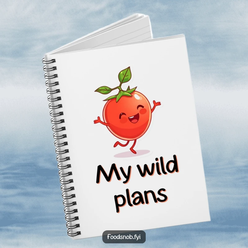 Funny Notebook cover featuring a cherry tomato character doing a cartwheel. Great for note-taking on the go.