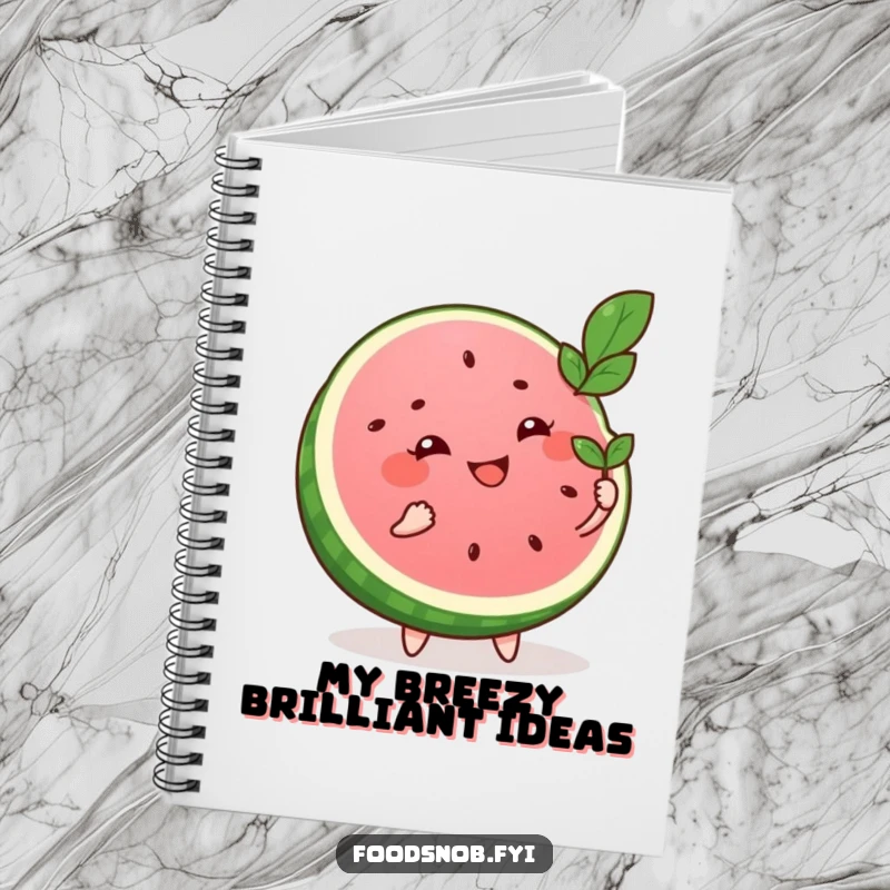 Funny notebook with a smiling watermelon slice character fanning itself with a leaf, designed for jotting down notes with a humorous, cool theme.