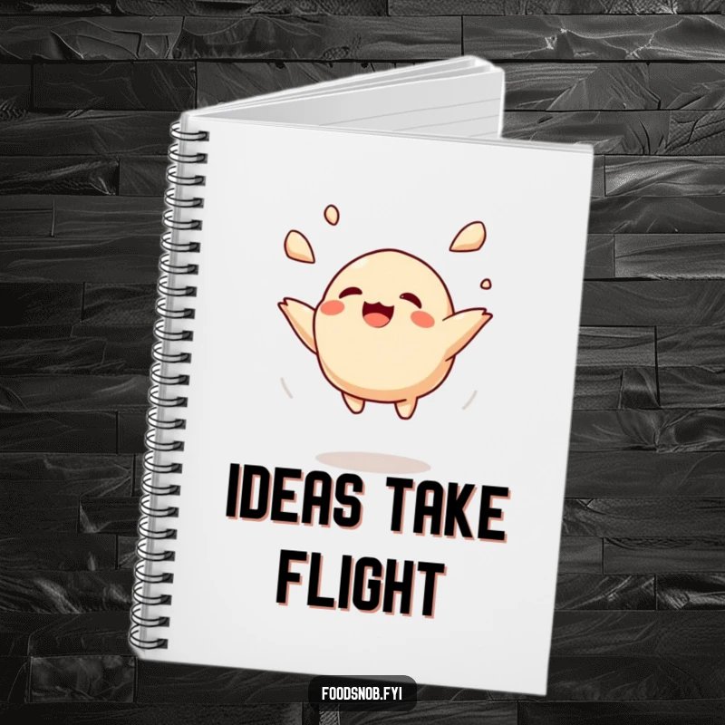 Funny notebook cover featuring a giggling dumpling character in mid-air toss, inspiring creative writing and organization with humor.
