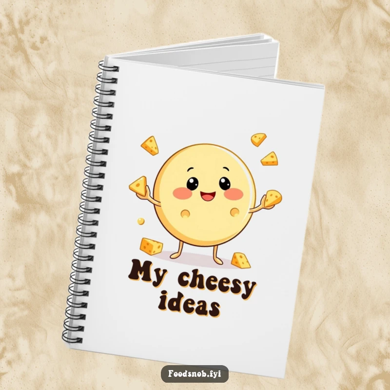 Funny Cheese Notebook: A dairy-themed notebook featuring a happy cheese character juggling mini cheese pieces, perfect for jotting ideas.