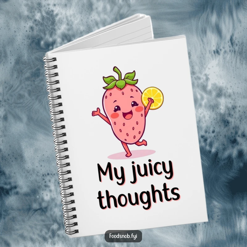 Funny notebook cover featuring a strawberry character dancing with a lemon wedge, inspiring cheerful note-taking and creative expression.