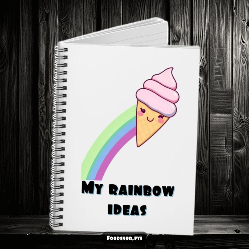 Funny notebook featuring a smiling kawaii ice cream cone sliding down a rainbow, perfect for recording sweet thoughts and creative ideas.