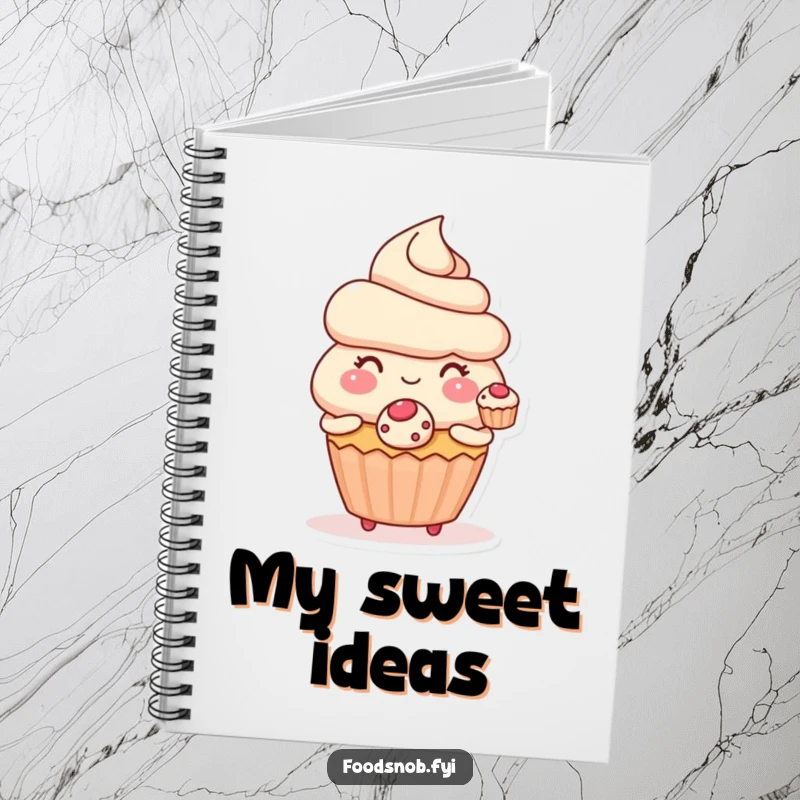 Funny notebook featuring a blushing cupcake character offering a perfect tiny pastry, ideal for sweet and humorous writing.