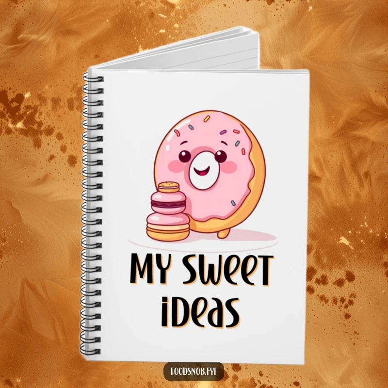 Funny notebook featuring a smiling donut character with sprinkles trying to stack tiny macarons, ideal for sweet journaling.