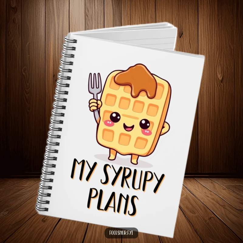Funny notebook cover featuring a smiling waffle character pointing upwards with a fork, perfect for jotting down sweet ideas.