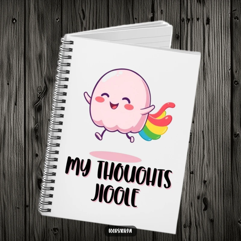 Funny jelly notebook with a wobbly character bouncing joyfully and leaving a vibrant, colorful trail.