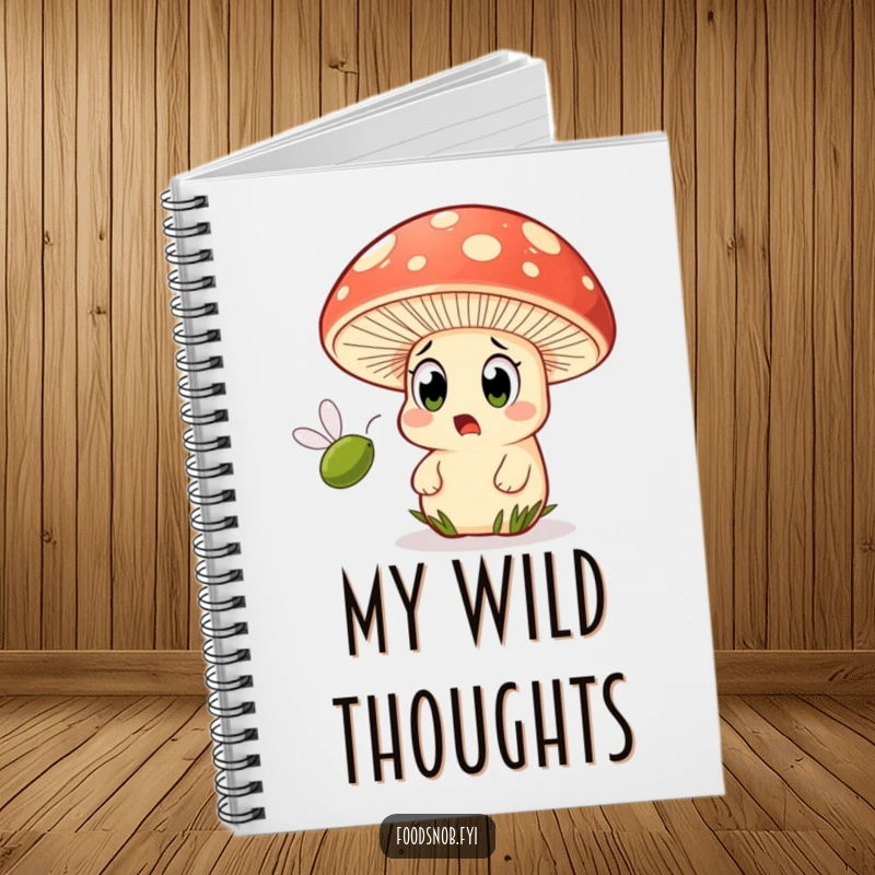 Funny notebook cover featuring a wide-eyed mushroom character looking shocked as a small olive zooms past.