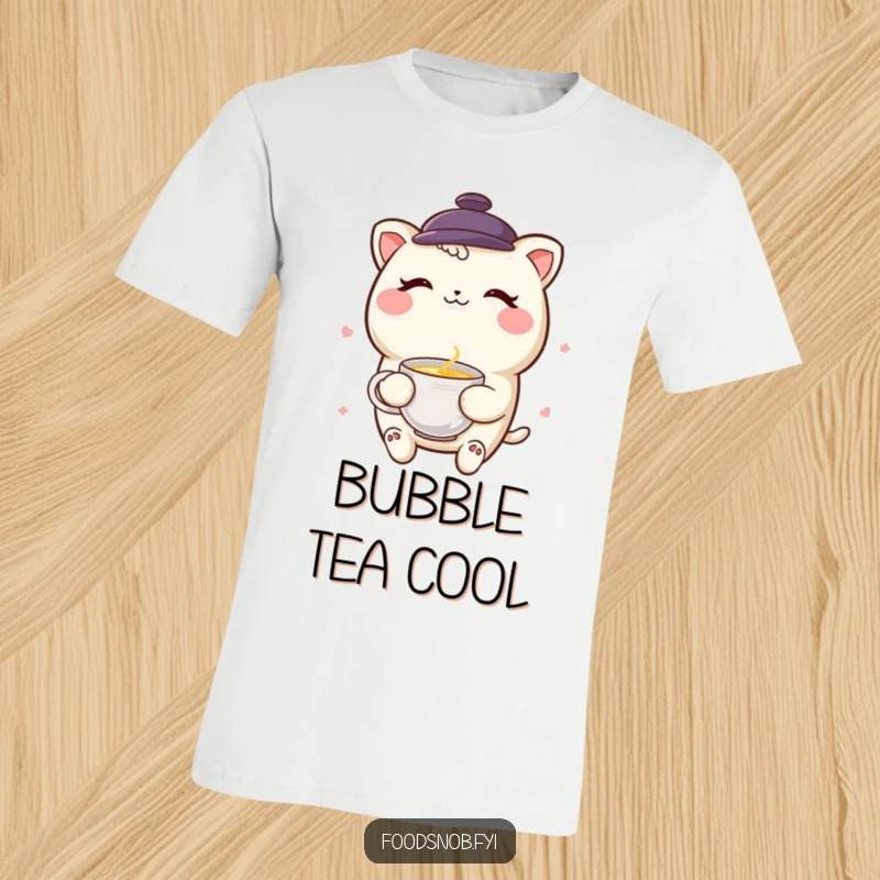 Funny smiling boba tea character winking while holding a miniature teacup on a comfortable t-shirt.