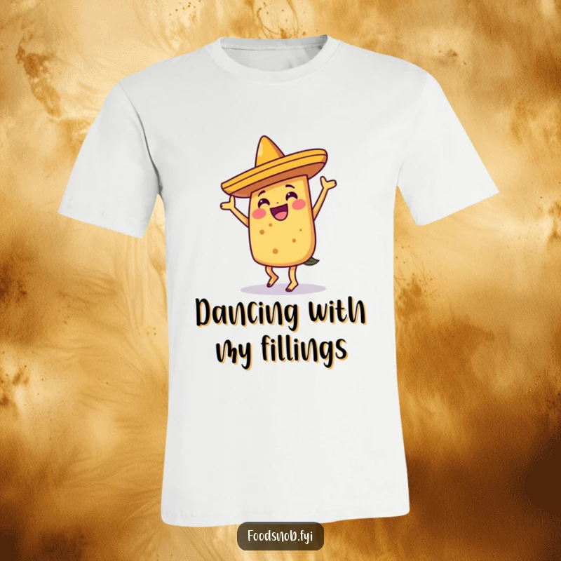 Funny joyful taco character performing a silly dance in a sombrero, a vibrant and humorous design on this t-shirt.