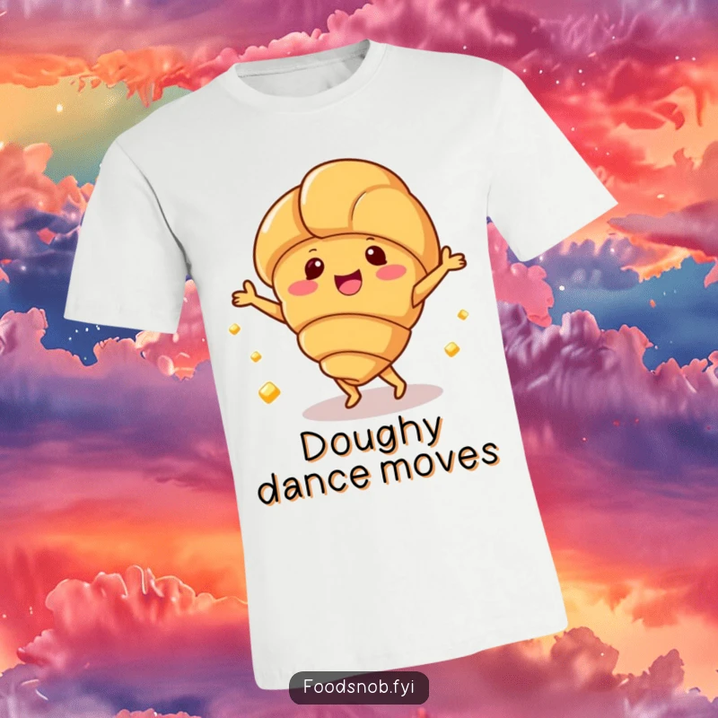 Funny t-shirt depicting a happy croissant character dancing energetically with small butter pats, promoting joy.