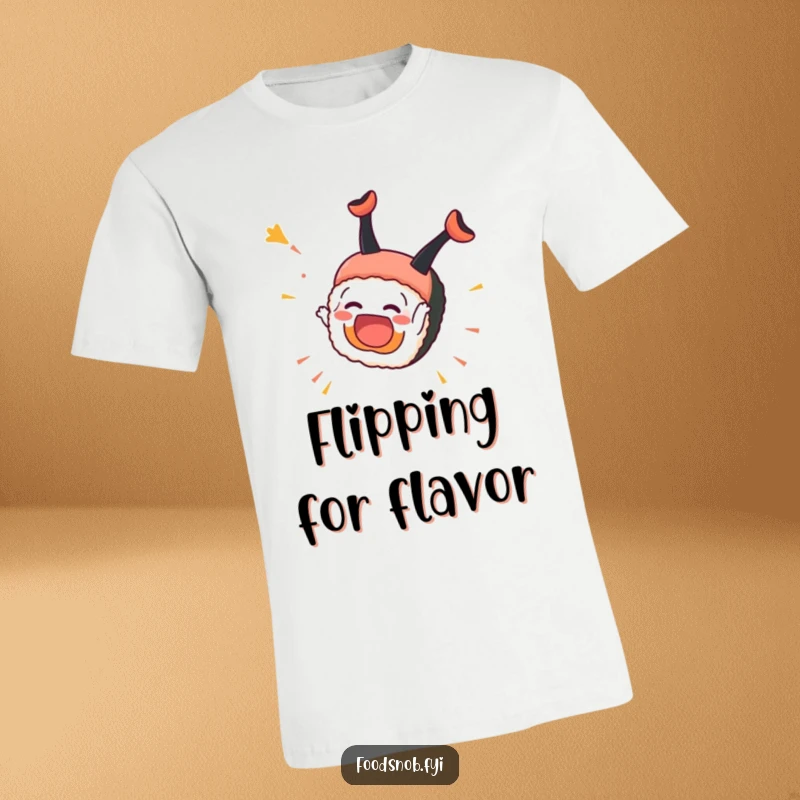 Funny Sushi T-Shirt: An overjoyed sushi piece executes a celebratory somersault, showcasing its energetic and happy nature.