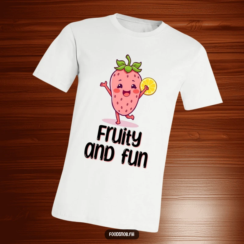 Funny t-shirt graphic of a happy strawberry dancing playfully with a lemon wedge, radiating pure joy and energy.