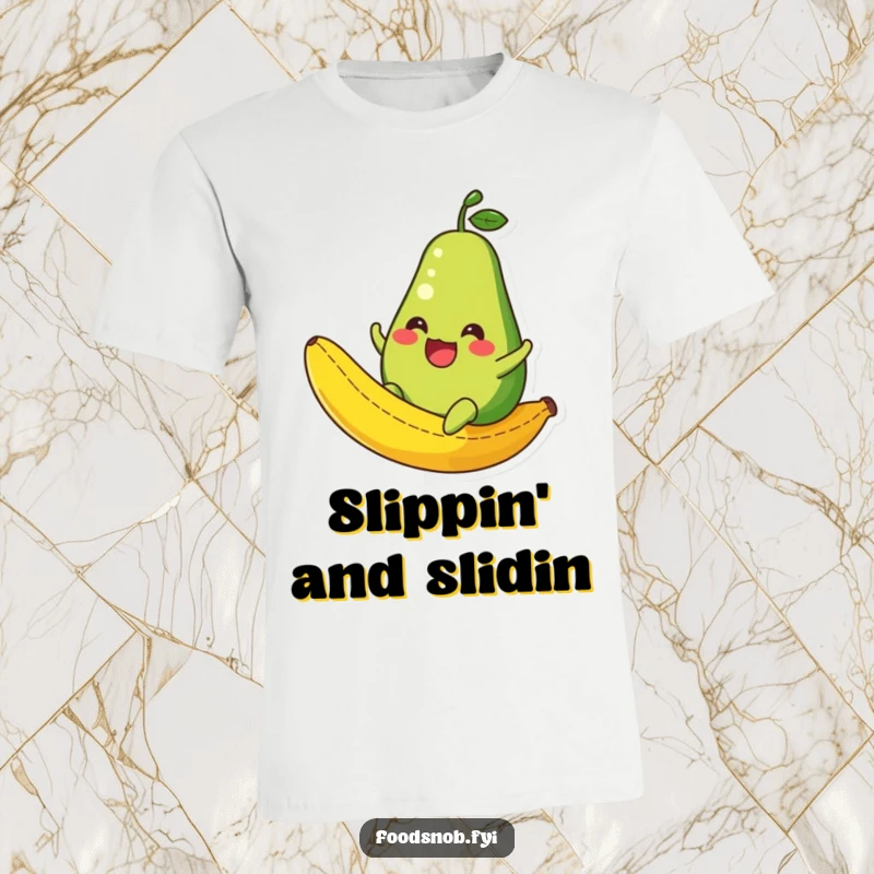 Funny Avocado T-Shirt: An anthropomorphic avocado character joyfully sliding down a bright yellow banana peel, a humorous apparel choice.